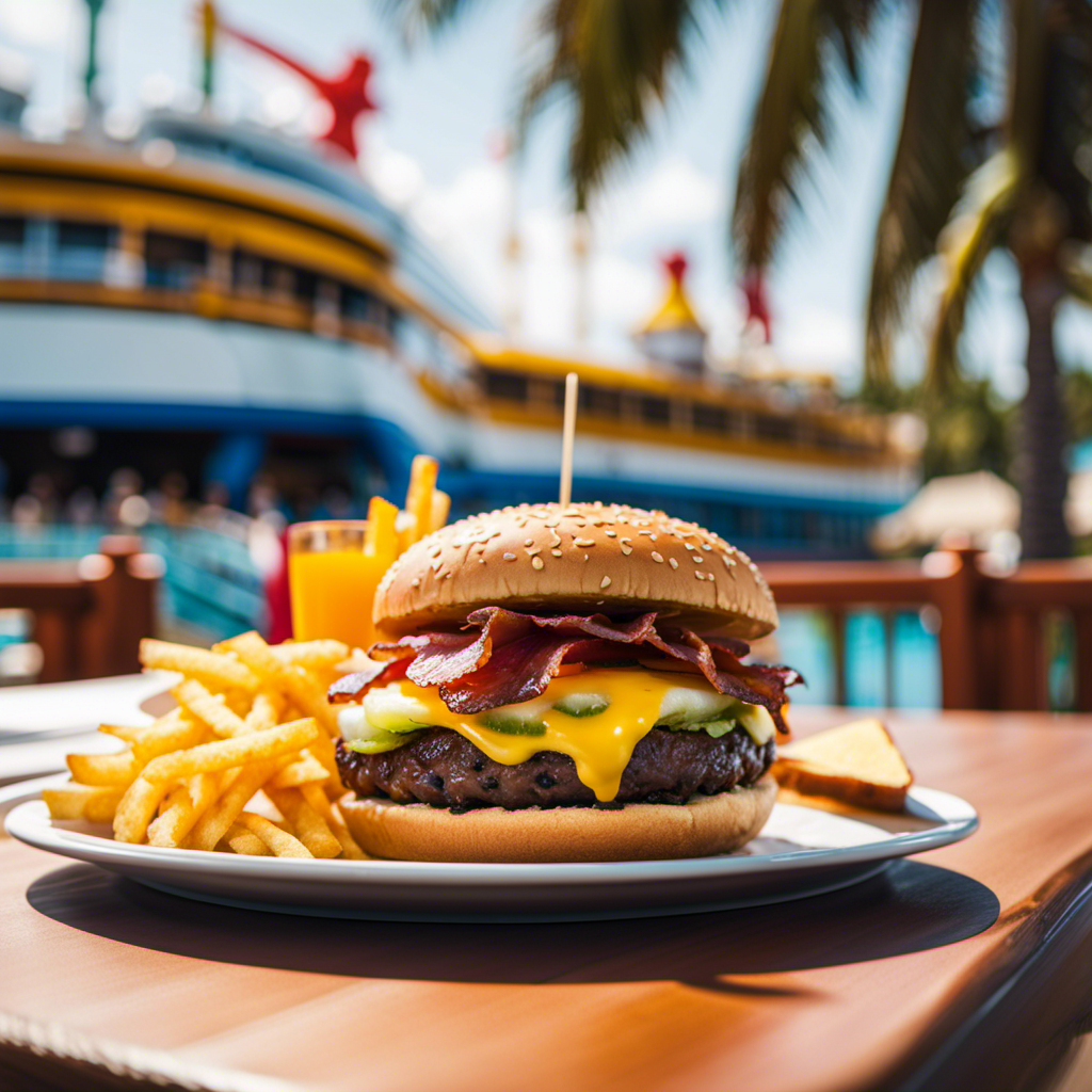 An image showcasing a sizzling, juicy burger, perfectly charred and topped with melty cheese, crispy bacon, and tangy pickles