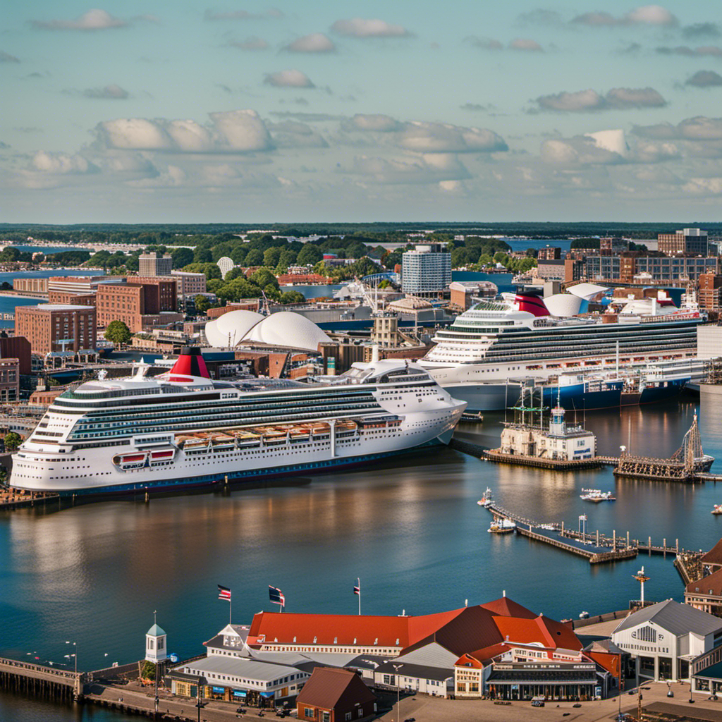 An image showcasing a vibrant Norfolk waterfront, adorned with a newly constructed, grand Carnival Cruise Line terminal