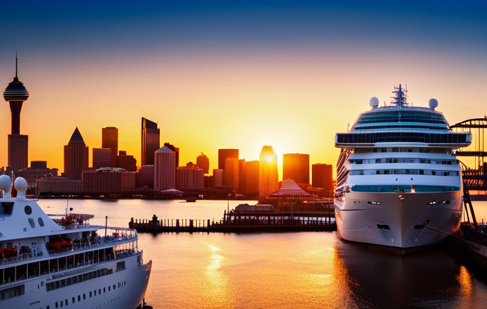 An image showcasing a vibrant Carnival cruise ship docked at Norfolk's bustling waterfront, surrounded by excited passengers boarding the ship, with the city skyline and iconic landmarks in the background