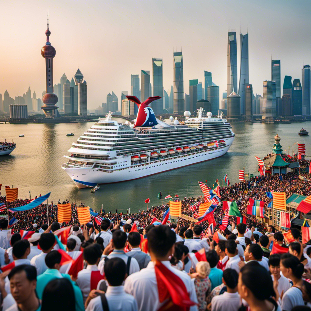 Nt image showcasing a Carnival cruise ship majestically sailing through the bustling port of Shanghai, adorned with colorful banners and surrounded by excited crowds, capturing the expanding presence of Carnival Cruise Line in the vibrant Chinese market