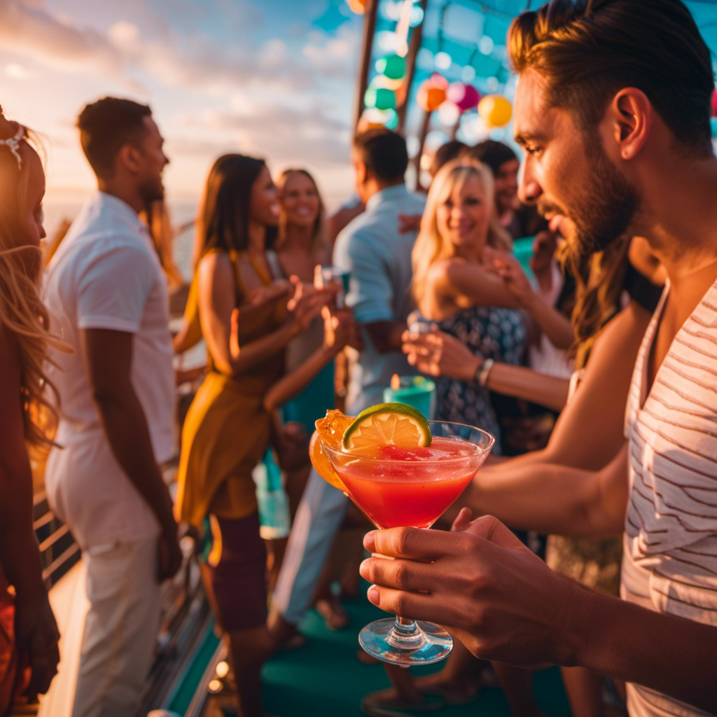 An image that showcases a colorful deck party onboard a Carnival cruise ship, with guests dancing to live music, savoring tropical cocktails, and enjoying panoramic views of the sparkling ocean at sunset