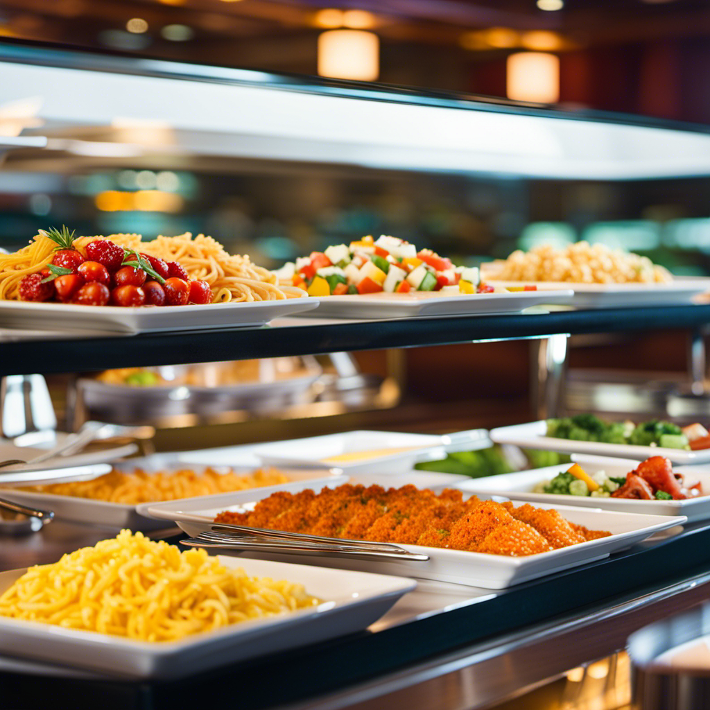 An image showcasing a vibrant Carnival Cruise Line buffet adorned with a diverse array of mouthwatering dishes, including gluten-free, vegetarian, and allergen-friendly options, ensuring every guest's special dietary needs are met