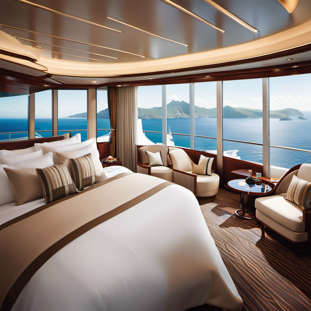 An image showcasing a luxurious cruise ship cabin, with a panoramic ocean view through the floor-to-ceiling windows