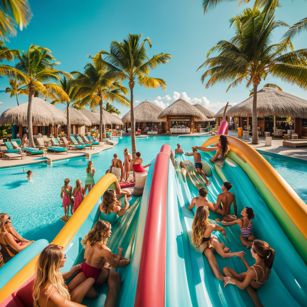 An enticing image showcasing a vibrant deck filled with families enjoying thrilling water slides, adults sipping colorful cocktails at the poolside bar, and couples relaxing in luxurious cabanas, all against a backdrop of crystal-clear turquoise waters and endless blue skies