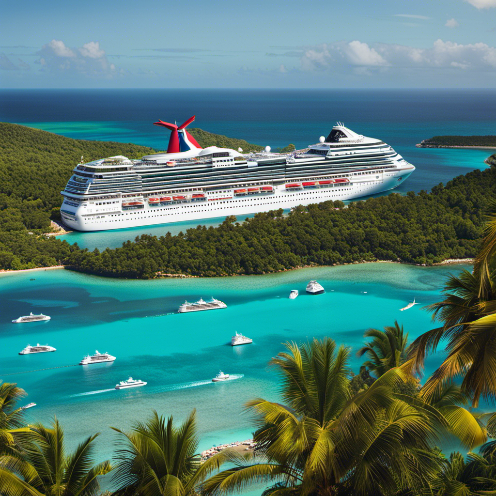 Nt image showcasing the grandeur of a newly expanded Carnival Cruise Line fleet, with multiple colossal cruise ships majestically sailing across a sparkling turquoise sea, surrounded by a backdrop of palm-fringed tropical islands