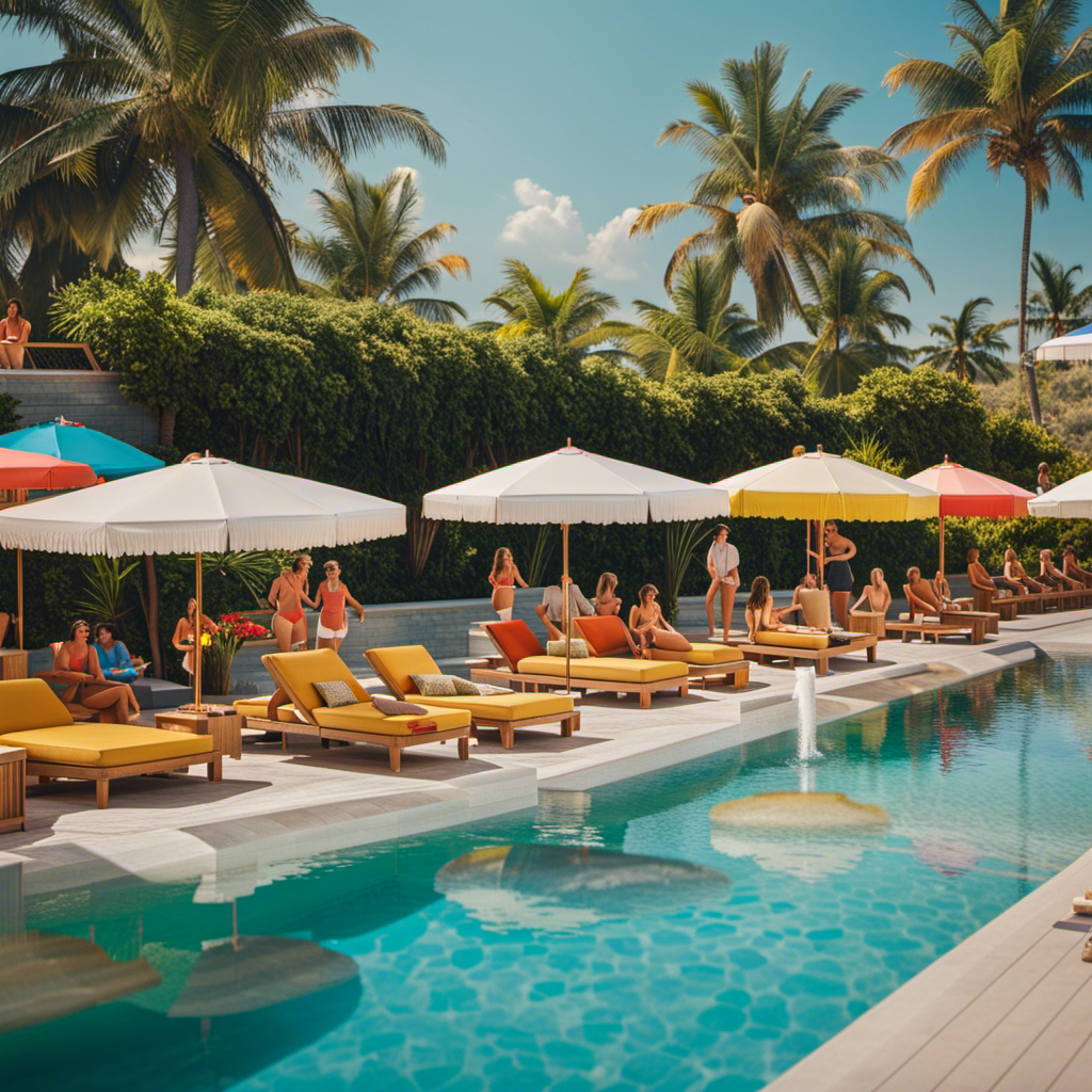 Nt, sun-kissed deck lined with lounge chairs and colorful umbrellas overlooks a crystal-clear pool