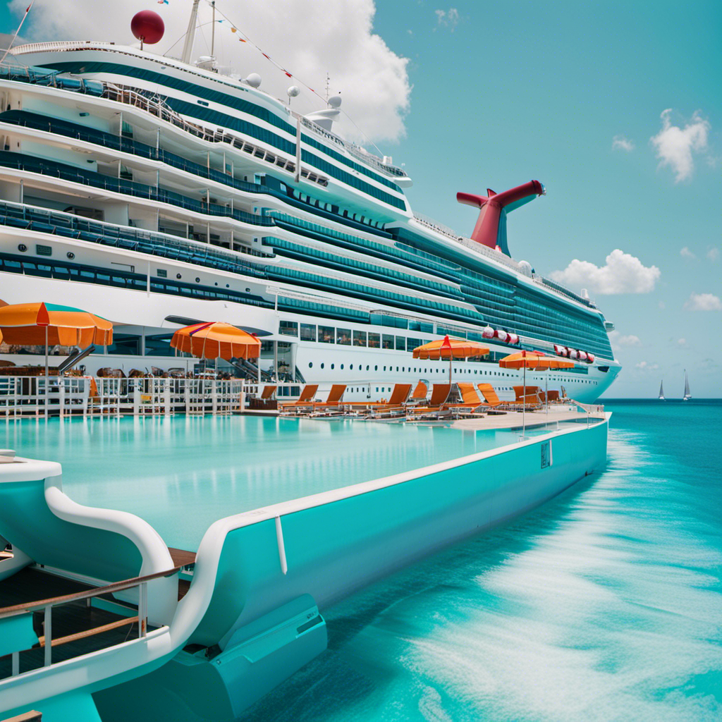 An image showcasing a deserted Carnival cruise ship, anchored in crystal-clear turquoise waters, with empty deck chairs and closed water slides, symbolizing the temporary suspension of sailings due to the global coronavirus outbreak
