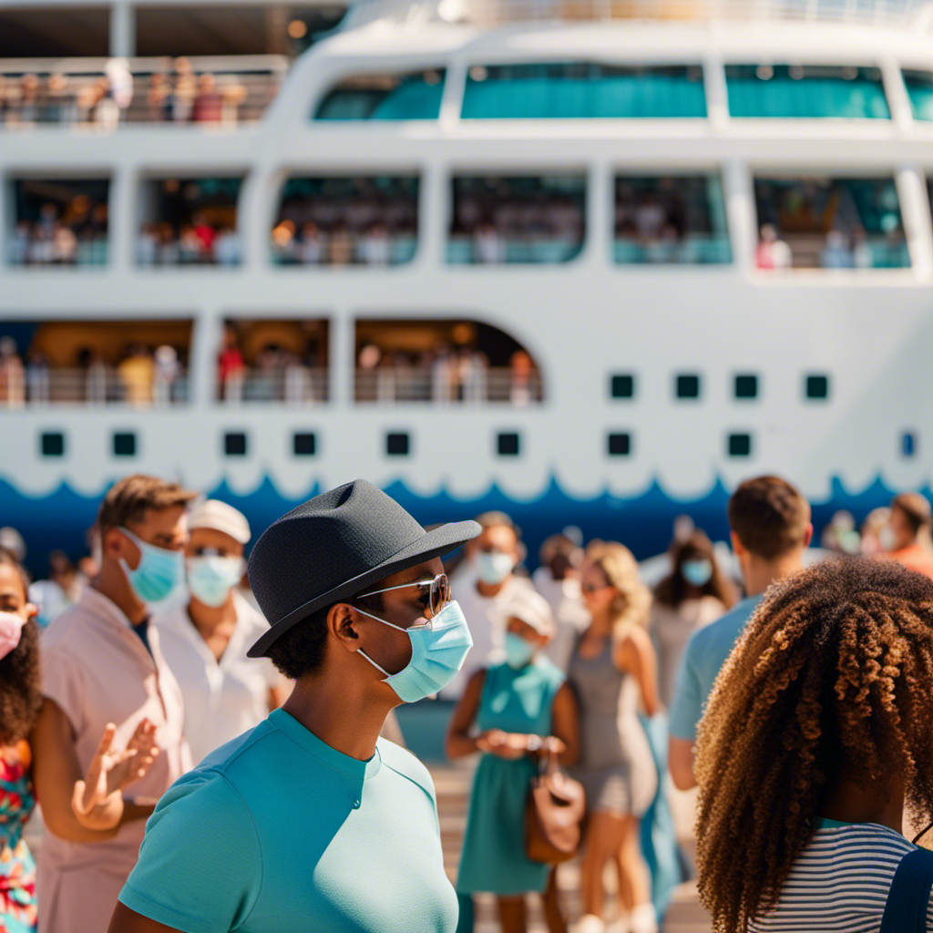 An image showcasing a cheerful cruise ship deck with a diverse group of passengers wearing colorful face masks, maintaining social distance, and undergoing on-site rapid Covid-19 testing before embarking on their Carnival Cruise Line adventure