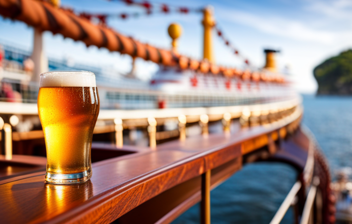 An image showcasing a vibrant cruise ship deck, adorned with colorful banners and a lively crowd, where Carnival Cruise Line's partnership with Heavy Seas Brewery is celebrated through a plethora of craft beer taps