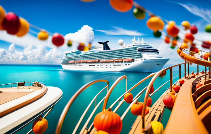 An image showcasing a vibrant Carnival Cruise ship gliding through crystal-clear turquoise waters, adorned with colorful fall decorations