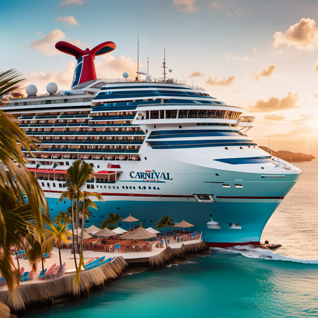 An image featuring Carnival Cruise Line's 2022 fleet moves: a vibrant cruise ship adorned with colorful banners sailing through crystal-clear turquoise waters, surrounded by palm-fringed beaches and a picturesque sunset backdrop