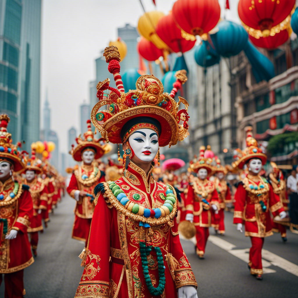 An image showcasing a vibrant carnival parade with colorful floats adorned with Chinese cultural elements, sailing through the stunning skyline of Shanghai, symbolizing Carnival Cruise Line's exciting expansion in China's market