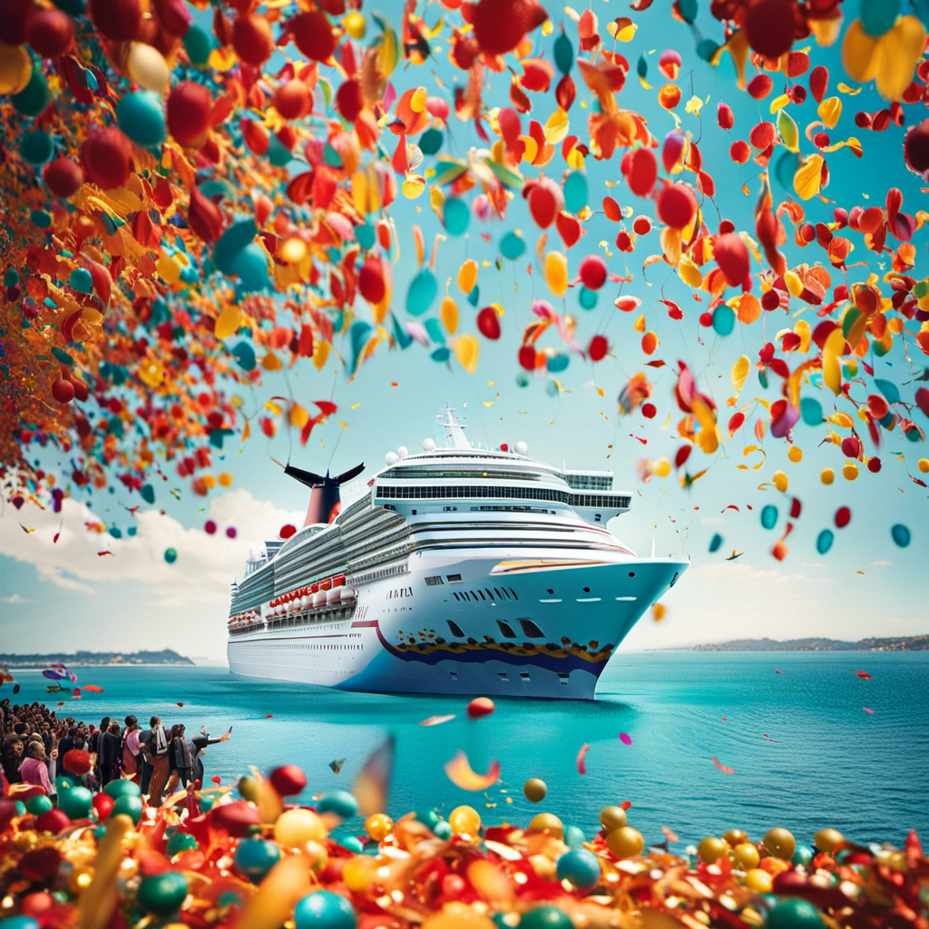 An image capturing the anticipation of a Carnival Cruise Line's comeback: a majestic ocean liner adorned with vibrant autumn decorations, passengers smiling on deck, surrounded by colorful streamers and confetti, all against a backdrop of clear blue skies and sparkling turquoise waters