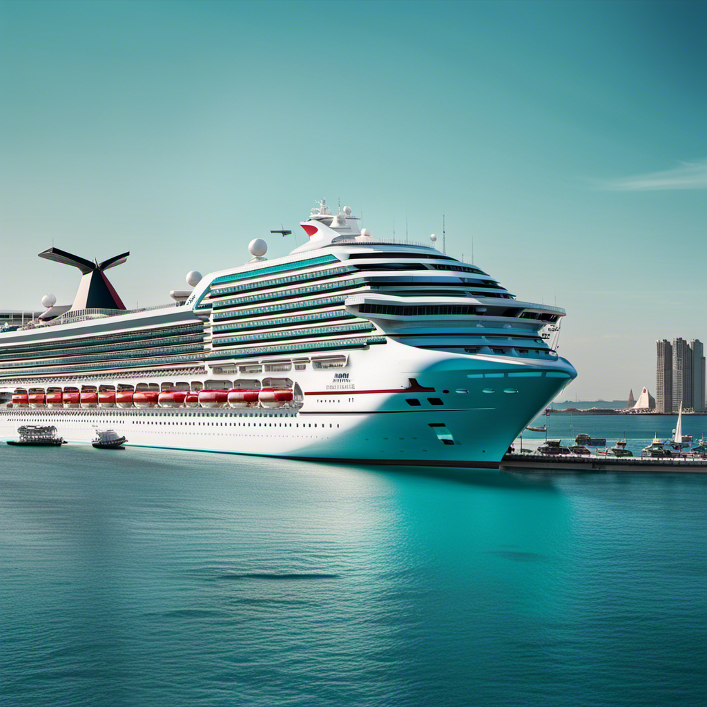 An image of a majestic Carnival cruise ship sailing through calm turquoise waters, surrounded by a backdrop of other ships docked at the port, symbolizing the fleet changes and canceled sailings
