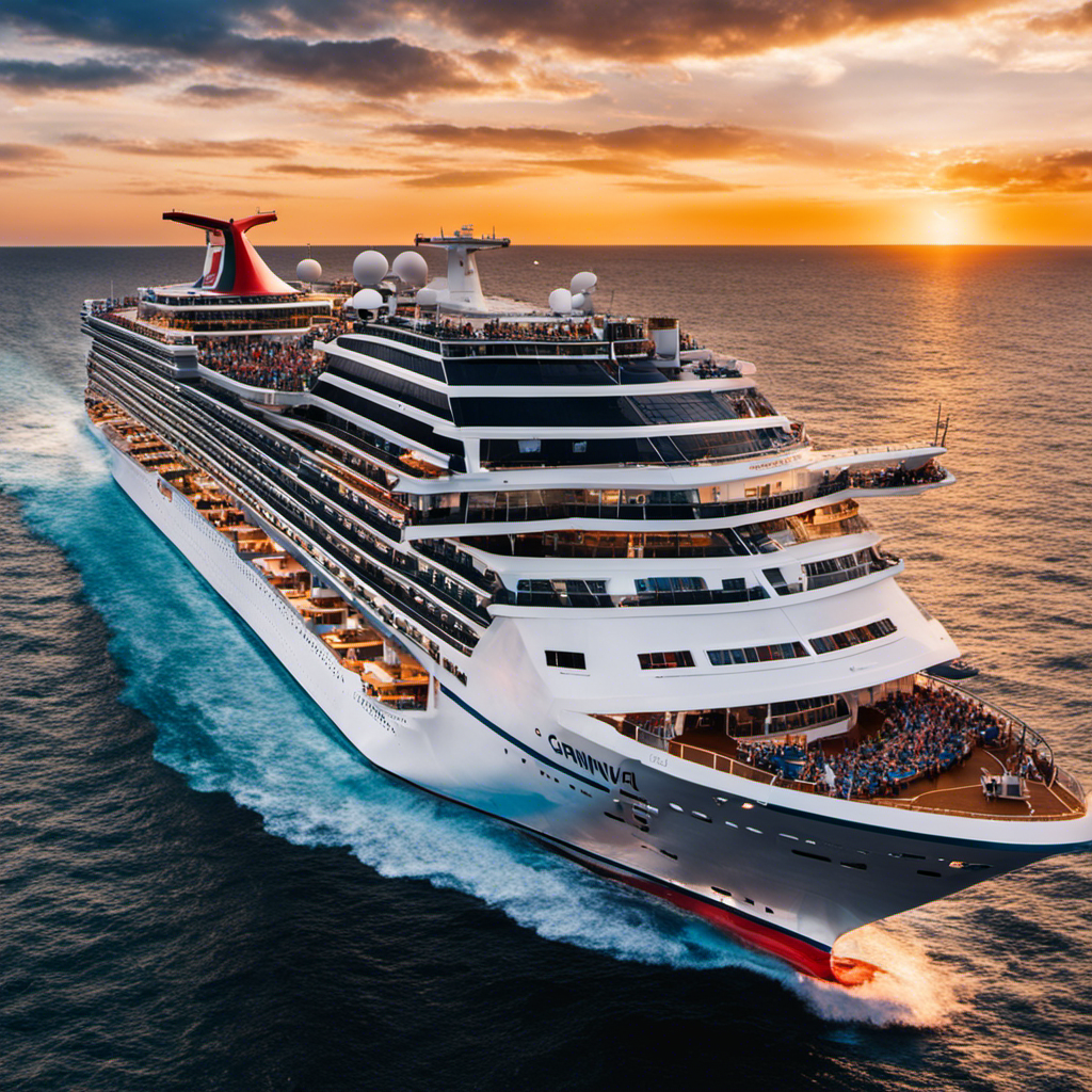 An image featuring a majestic Carnival Cruise ship sailing amidst a vibrant sunset, symbolizing the Full Fleet Return