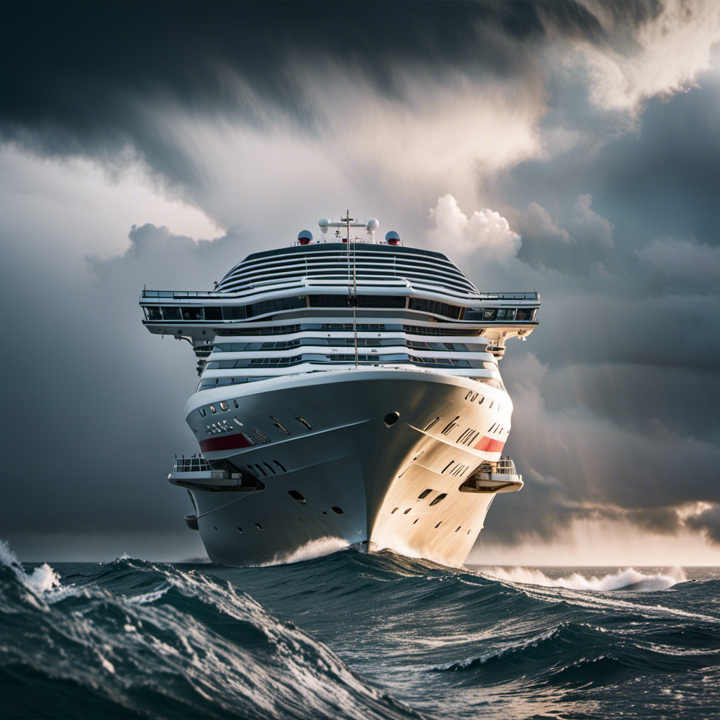 An image capturing the awe-inspiring sight of a Carnival Cruise Line ship navigating through treacherous waves under a stormy sky, as crew members heroically extend a lifeline to save stranded individuals at sea