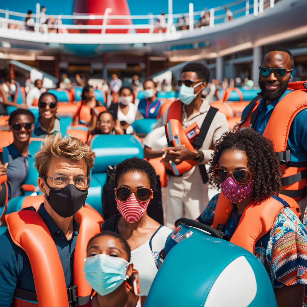 An image showcasing a diverse group of passengers aboard a Carnival cruise ship, engaging in various activities while wearing life jackets and face masks, emphasizing the cruise line's commitment to safety and wellness for all