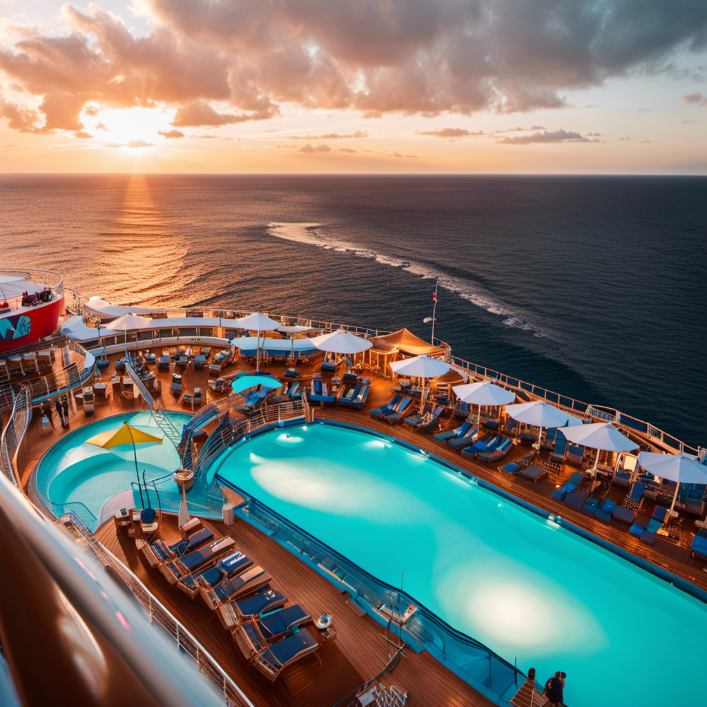 An image showcasing the panoramic view from the top deck of Carnival Cruise Line's newest ship, capturing the vibrant sunset reflecting on the sparkling turquoise waters, while passengers enjoy thrilling water slides and luxurious cabanas