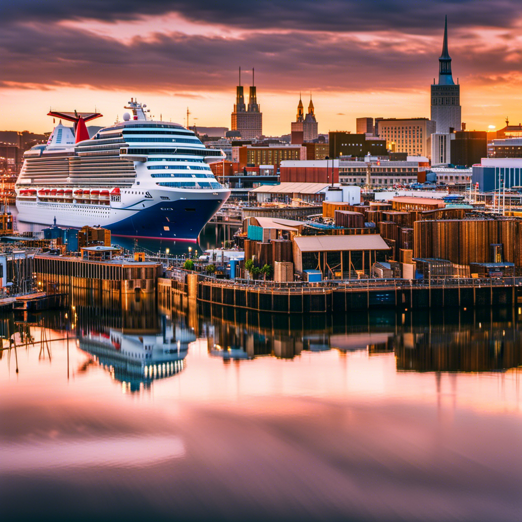 An image showcasing a vibrant Norfolk cityscape, with a bustling Carnival cruise ship docked at the port