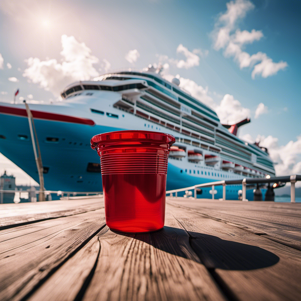 An image capturing the essence of Carnival Cruise Line's pause: a deserted dock with a massive, majestic cruise ship docked, its vibrant red and blue colors contrasting against the serene, empty surroundings