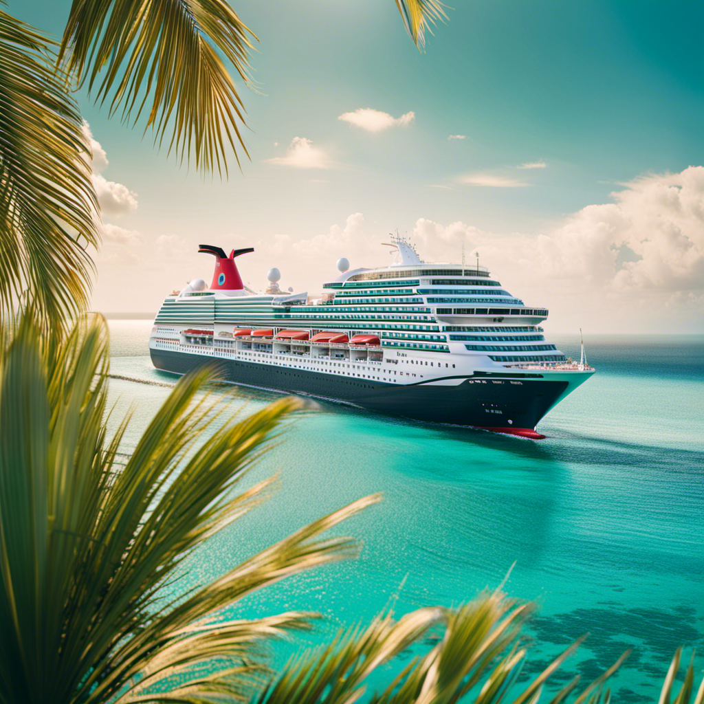 An image depicting a vibrant cruise ship, adorned with Carnival Cruise Line's iconic red funnel, sailing through crystal-clear turquoise waters, surrounded by palm-fringed tropical islands, showcasing the company's phased restart and ship deployment updates