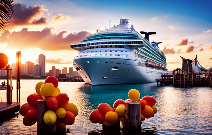 An image showcasing a vibrant Carnival Cruise Line ship docked at a pristine, palm-fringed port