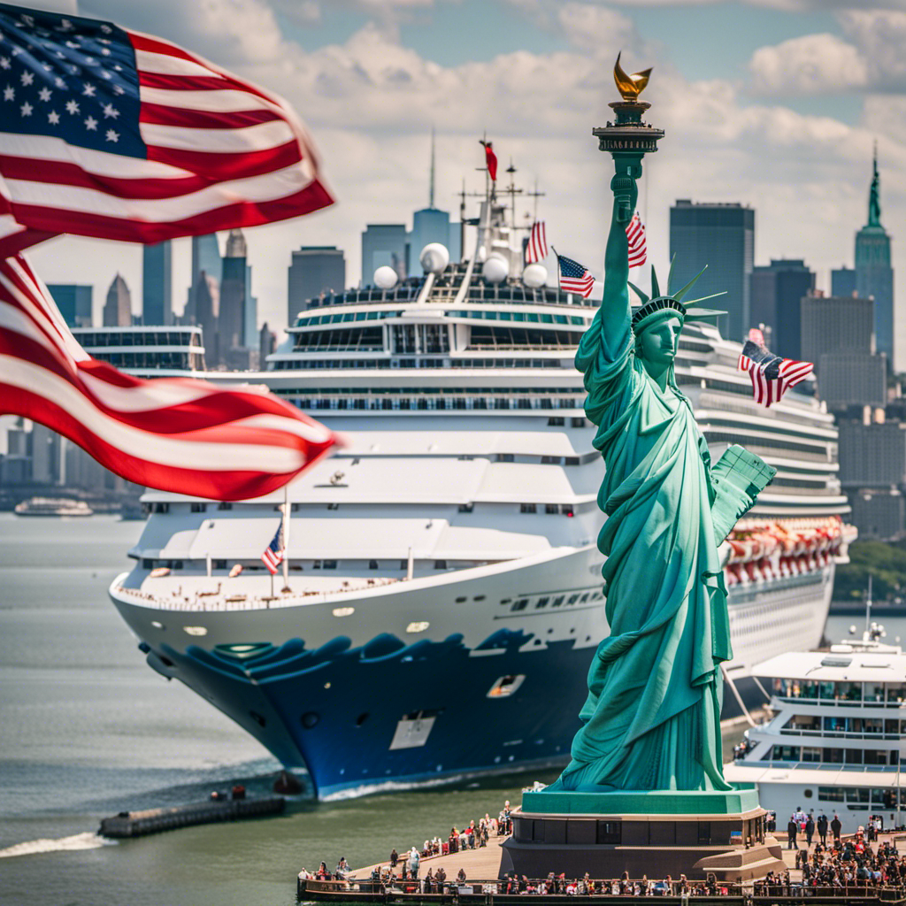 An image showcasing a towering Carnival cruise ship adorned with vibrant flags, sailing past the iconic Statue of Liberty with a jubilant crowd on the New York City harbor, eagerly welcoming its triumphant return