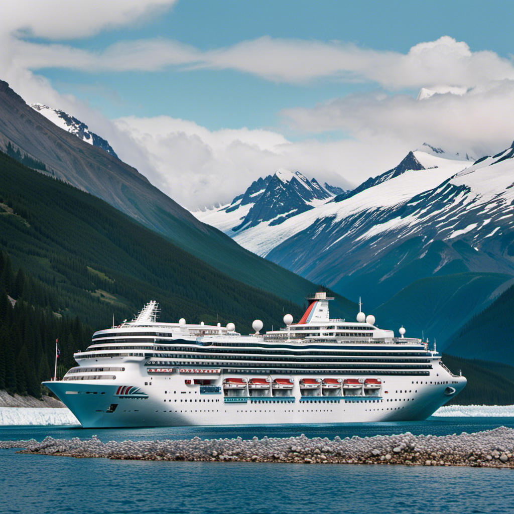 An image showcasing the awe-inspiring beauty of Alaska's glaciers, with a Carnival cruise ship navigating through the icy waters