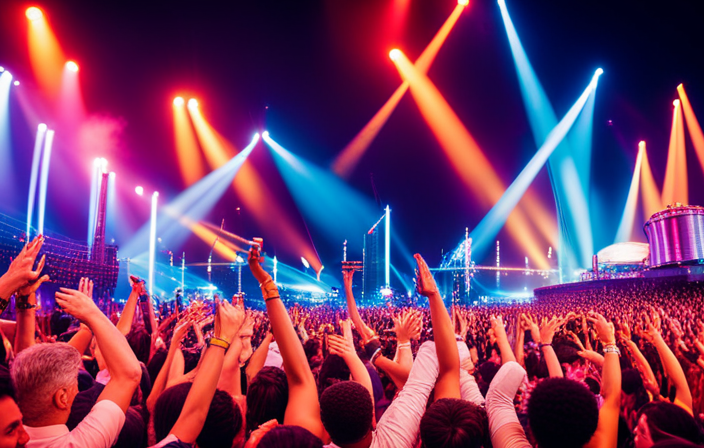 An image capturing the electric atmosphere of Carnival Cruise Lines' new live concert series: a vibrant stage with dazzling lights, a crowd of enthusiastic guests dancing and clapping, and musicians engrossed in their performance, radiating pure passion