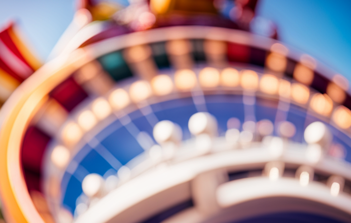 An image showcasing the vibrant colors and spinning motion of the Carnival Cruise Line's Wheel of Fortune partnership, with a cruise ship backdrop, a gigantic wheel adorned with dazzling lights, and excited guests lining up to take a spin