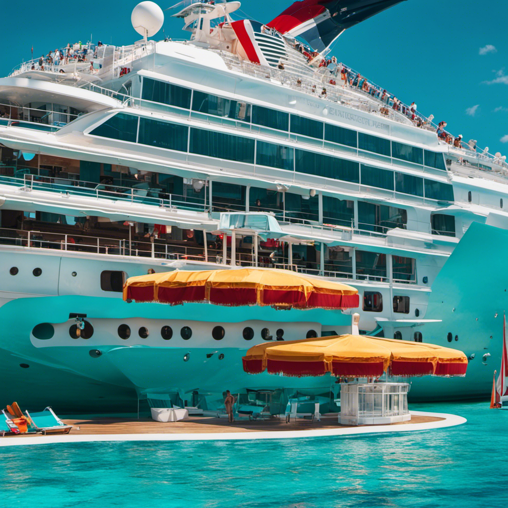 An image of a luxurious, newly renovated Carnival cruise ship sailing through crystal-clear turquoise waters, adorned with vibrant deck chairs and a thrilling water park, enticing guests to embark on an unforgettable adventure
