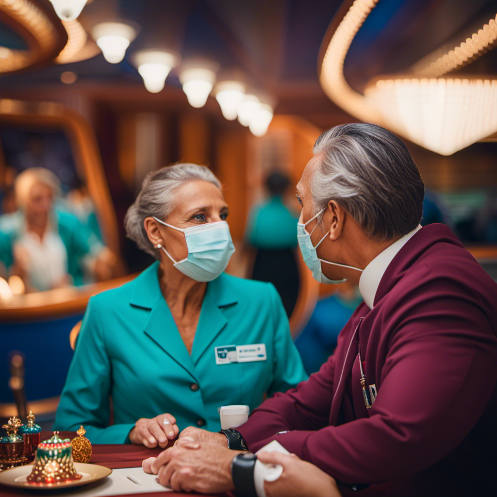 An image showcasing a worry-free scenario on a Carnival Cruise ship: a serene setting with a masked guest receiving a comforting consultation from a dedicated onboard medical professional, ensuring safety and peace of mind
