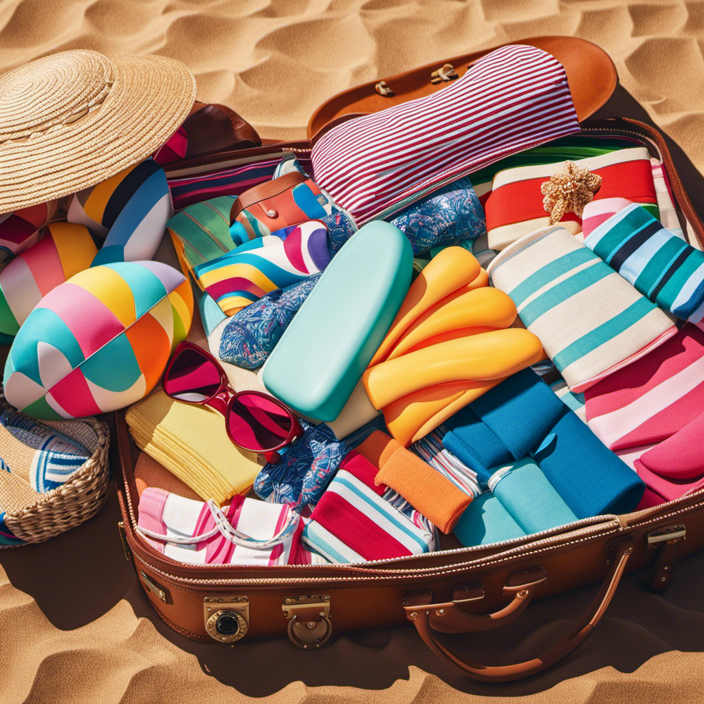 An image showcasing a suitcase overflowing with colorful swimsuits, beach towels, sunscreen, flip flops, and a straw hat, all perfectly arranged for a Carnival Cruise adventure