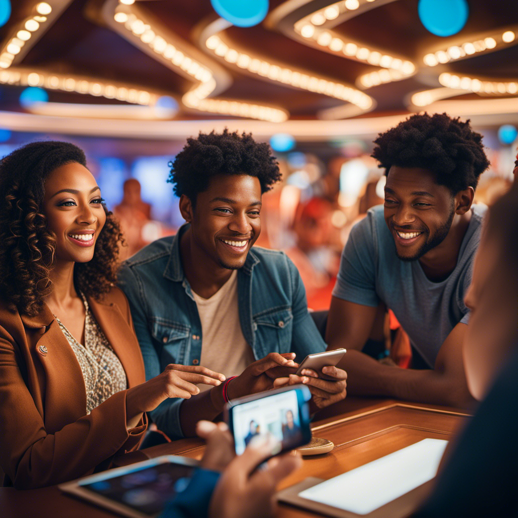 An image showcasing a diverse group of people aboard a Carnival cruise ship, engrossed in various online activities