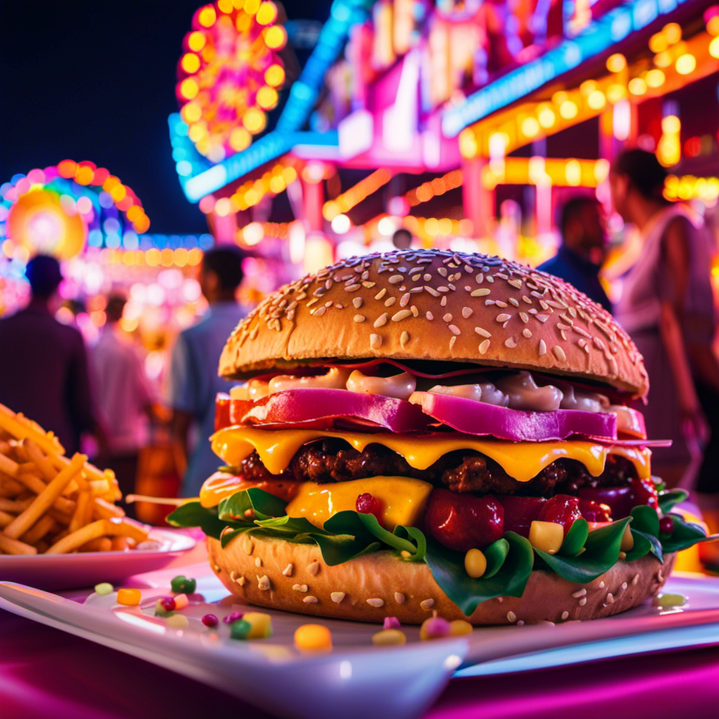 An image of a vibrant carnival scene at night, with a dazzling display of neon lights illuminating a lively crowd