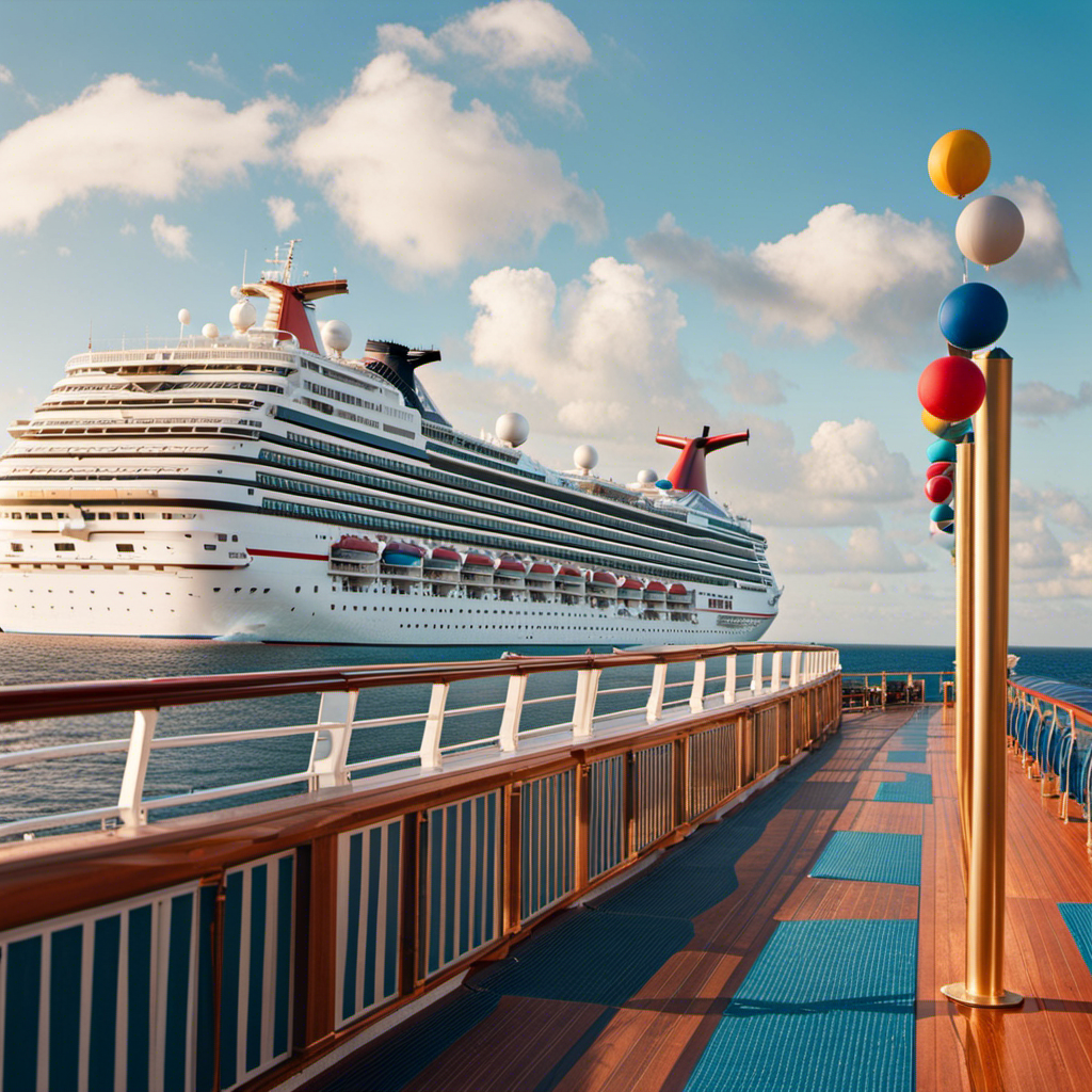 An image showcasing the sun-kissed deck of Carnival Ecstasy, where excited passengers effortlessly board the ship