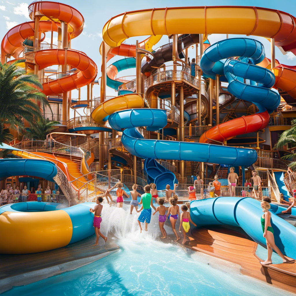 An image featuring a vibrant, newly renovated waterpark on Carnival Elation, with thrilling water slides, a lazy river adorned with colorful rafts, and families joyfully splashing in the crystal-clear pools