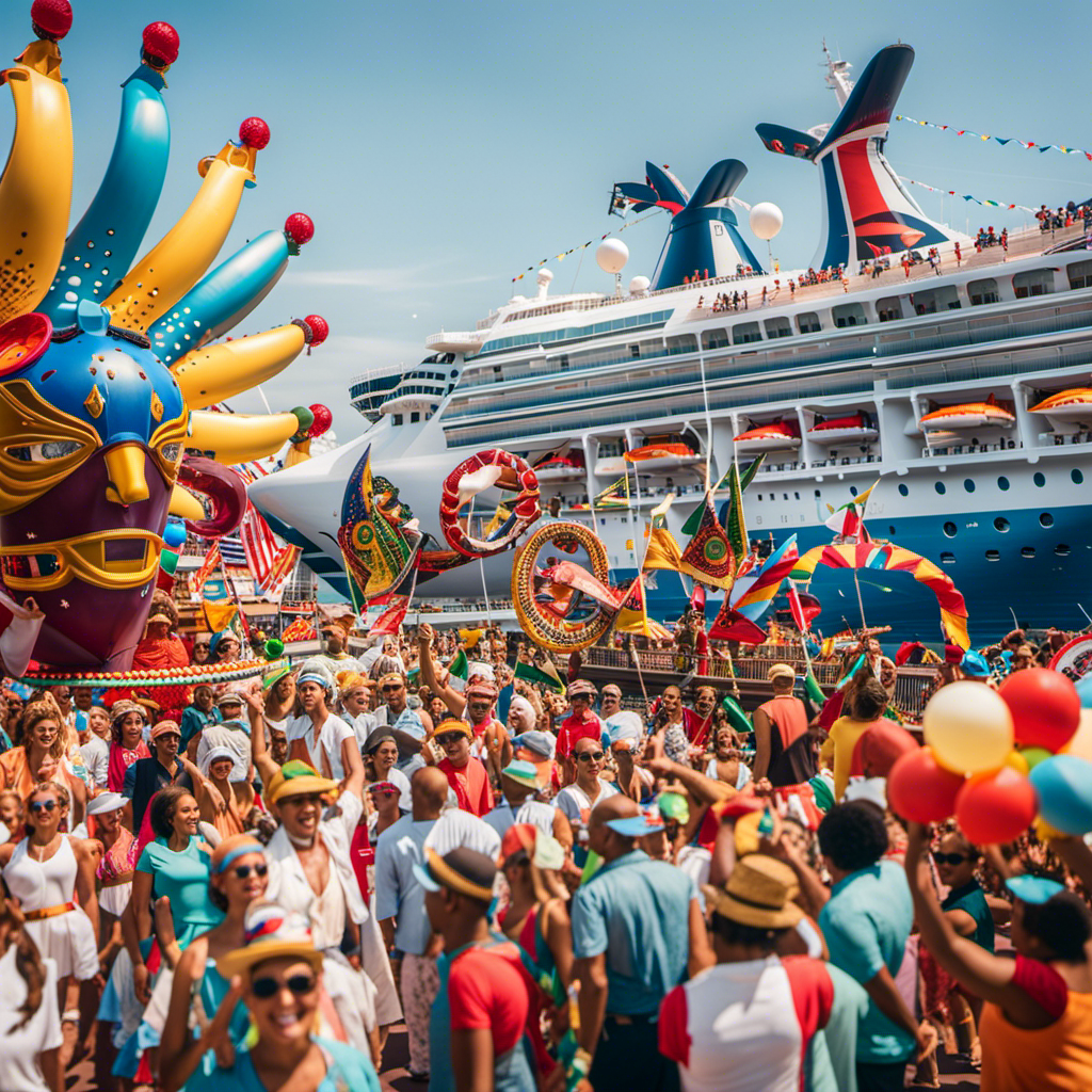 An image showcasing a vibrant carnival parade, with colorful floats adorned with Carnival Cruise Line logos, merging with a fleet of equally stunning sister cruise ships, symbolizing the expansion and growth of Carnival's fleet