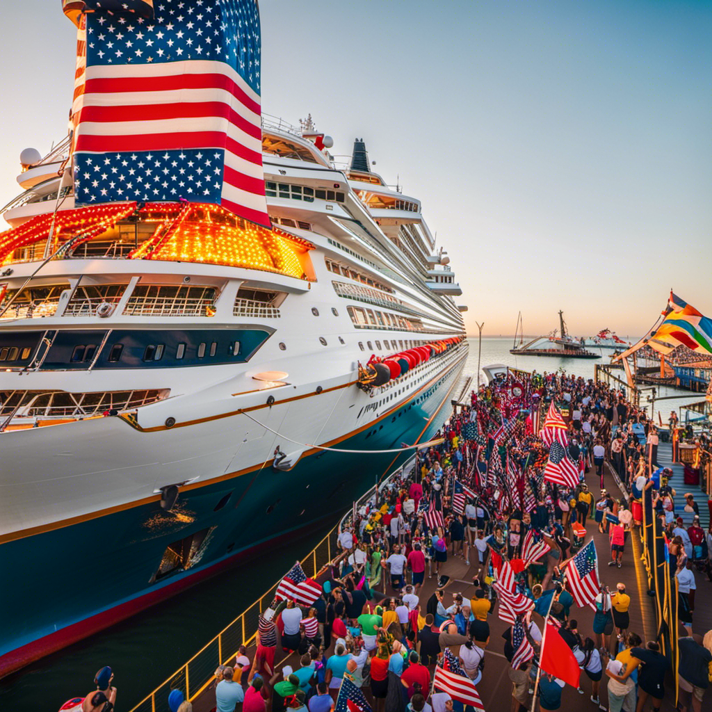 An image showcasing the vibrant Galveston Carnival experience: a towering cruise ship adorned with colorful flags and dazzling lights, docked at the bustling port, while excited passengers in festive attire eagerly embark on their unique, adventure-filled itineraries