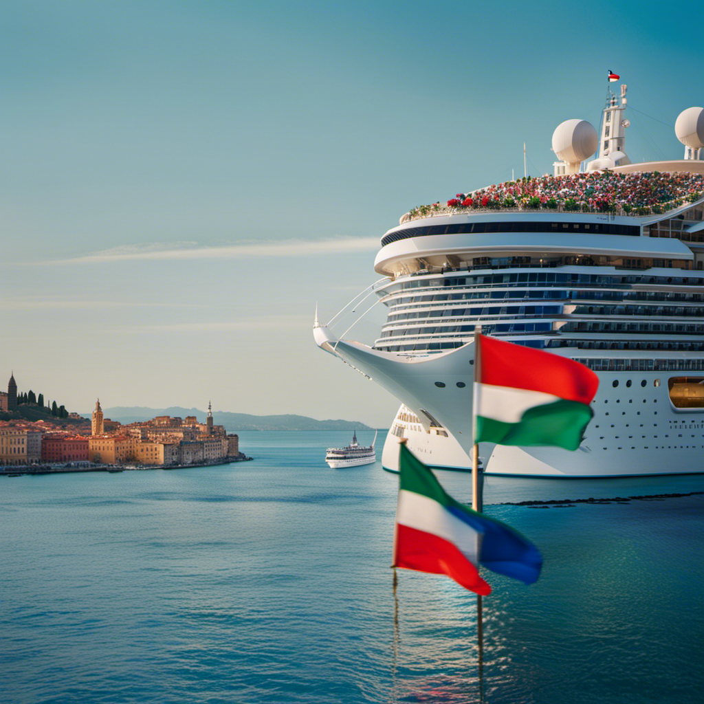 An image of a luxurious cruise ship adorned with vibrant Italian flags, gliding through the sparkling blue waters of the Mediterranean
