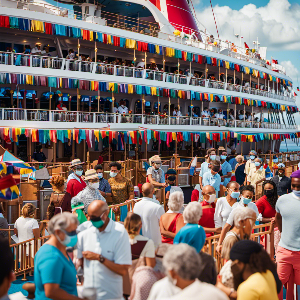 An image showcasing a bustling Carnival ship deck, adorned with vibrant banners