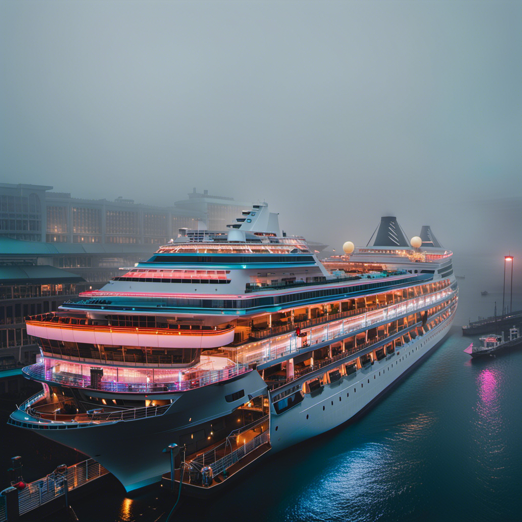 An image featuring a deserted cruise ship docked by a vibrant carnival, engulfed in a misty atmosphere