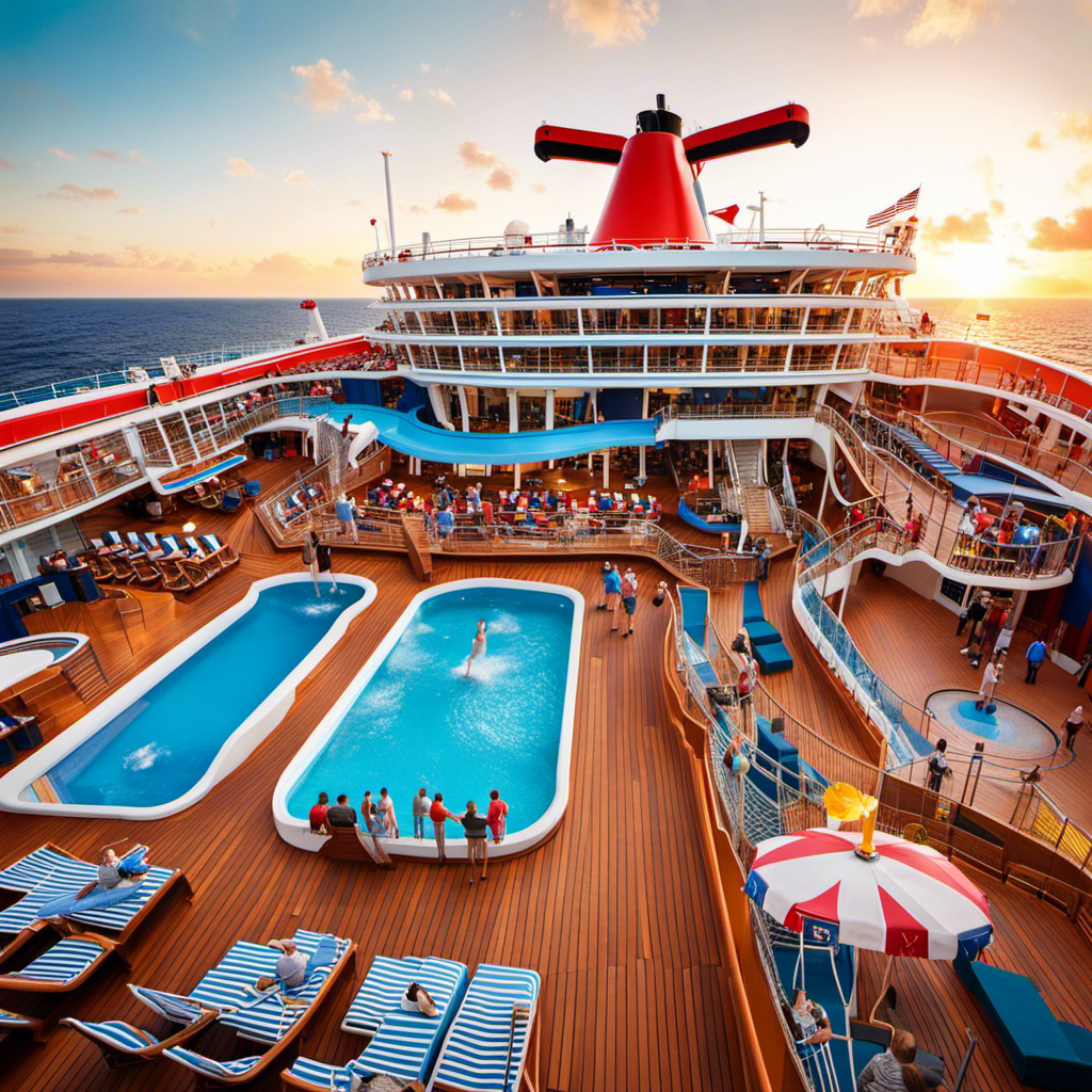 An image showcasing vibrant colors, capturing the energetic atmosphere of Carnival Magic's renovated deck, adorned with thrilling water slides, a state-of-the-art mini-golf course, and a dazzling outdoor theater, all surrounded by happy passengers enjoying the ship's new features
