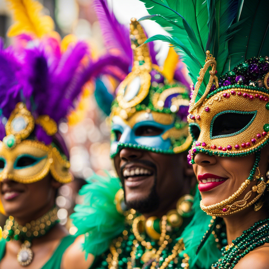 An image showcasing the vibrant and ornate floats of a Mardi Gras parade, with colorful masks, feathers, and beads adorning enthusiastic participants, capturing the perfect blend of traditional customs and innovative artistic expression
