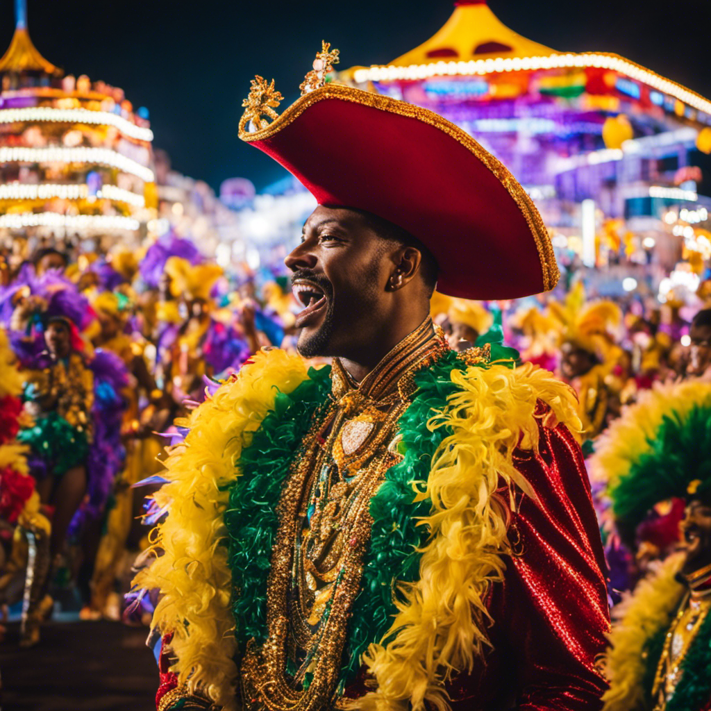 An image capturing the vibrant essence of Carnival Mardi Gras, as a fleet of majestic ships adorned in flamboyant colors set sail, their decks filled with joyful revelers and lively music filling the air