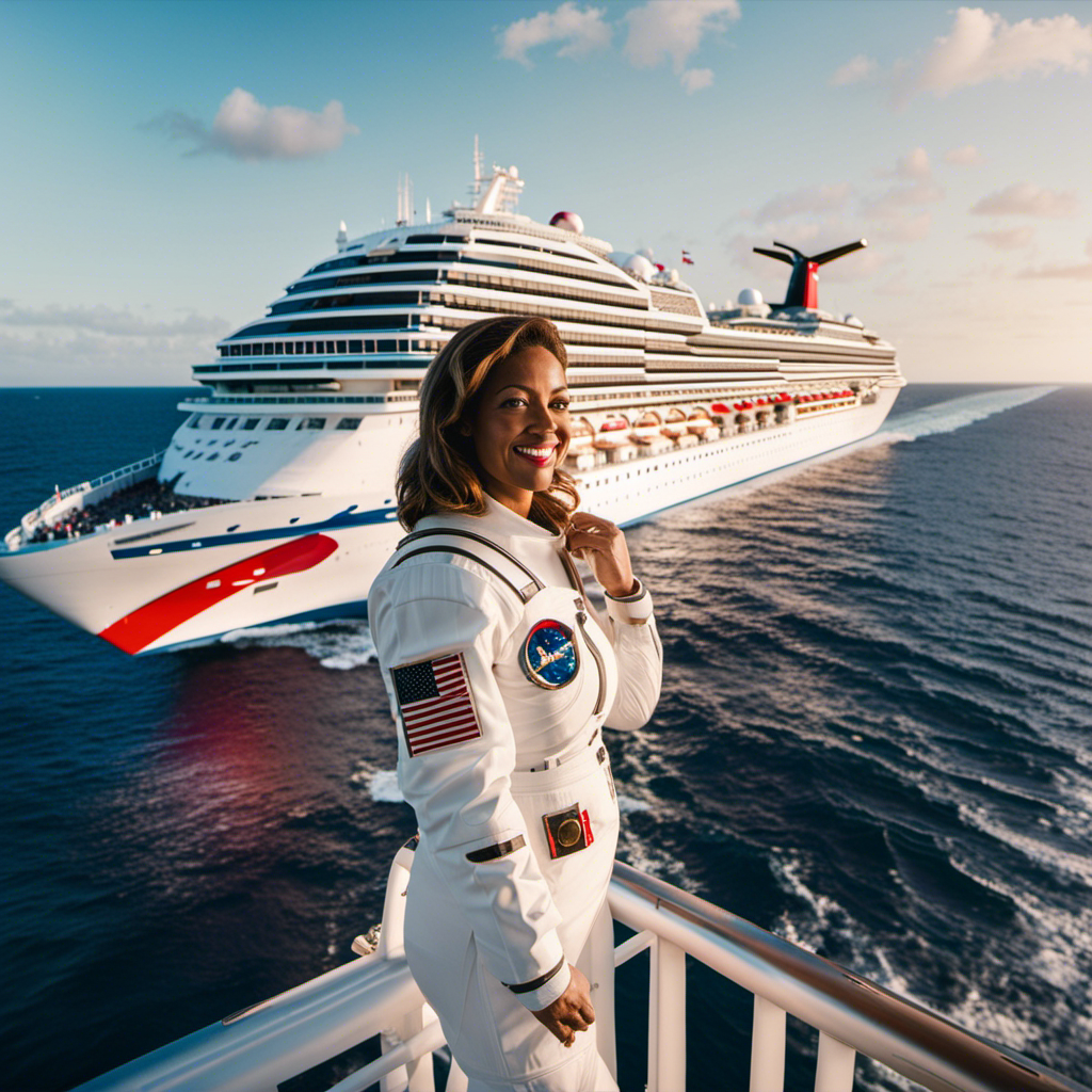 An image featuring the magnificent Carnival Miracle cruise ship docked beside the shimmering ocean, while an awe-inspiring sight of NASA astronaut Tamara Jernigan, adorned in her iconic spacesuit, waves from the ship's deck to welcome her aboard