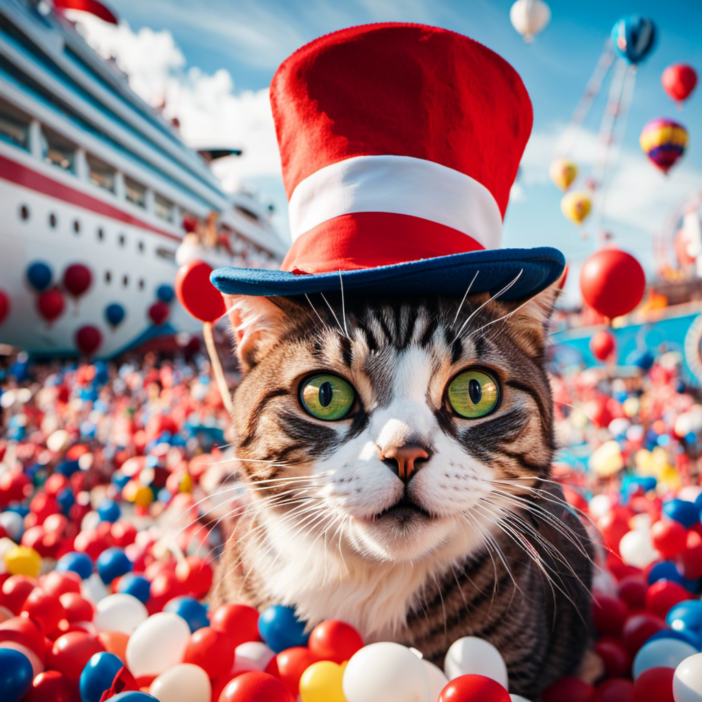 An image showcasing the vibrant chaos of a Carnival cruise ship, with the iconic red-and-white striped hat of the mischievous Cat in the Hat perched on a deck chair, surrounded by a whimsical assortment of balloons, confetti, and joyful passengers