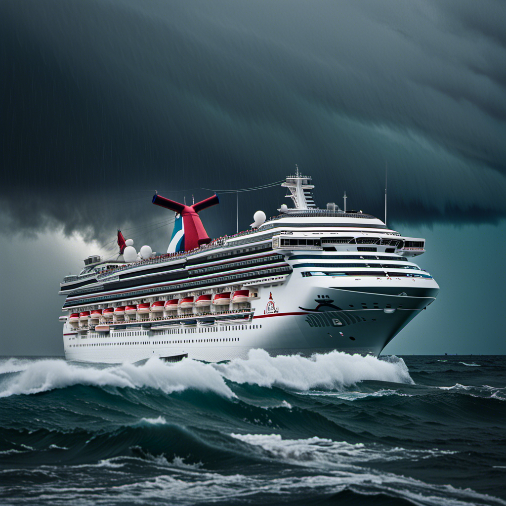 An image that depicts a massive Carnival Pride cruise ship amidst a stormy sea, surrounded by dark clouds and lightning bolts, highlighting its motionless state due to a technical malfunction, with worried passengers looking out from the deck