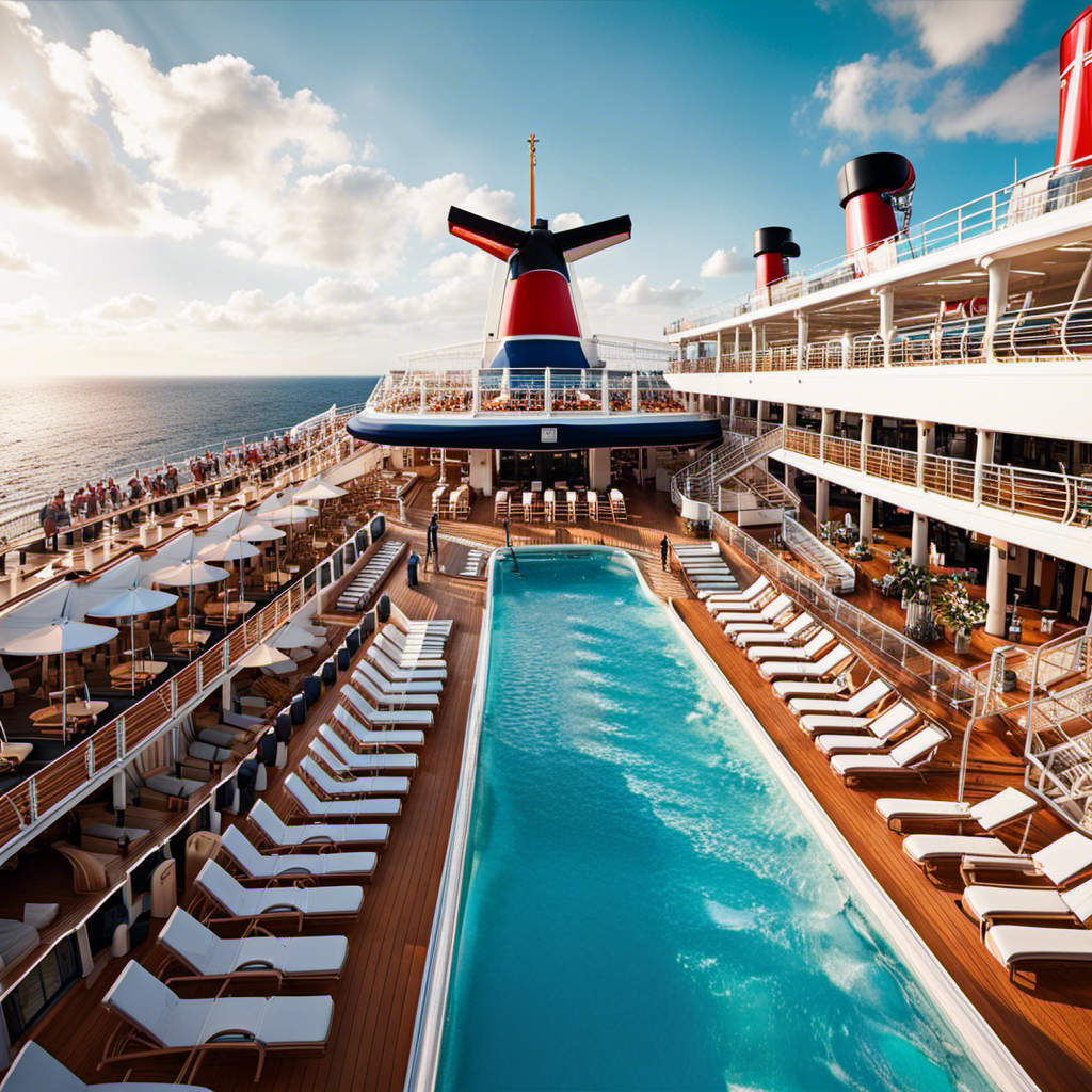 An image capturing the vibrant energy of Carnival Pride's expansive deck, adorned with sun-soaked loungers, bustling water slides, and beaming guests immersed in thrilling entertainment, as the ship sails gracefully against a breathtaking ocean backdrop
