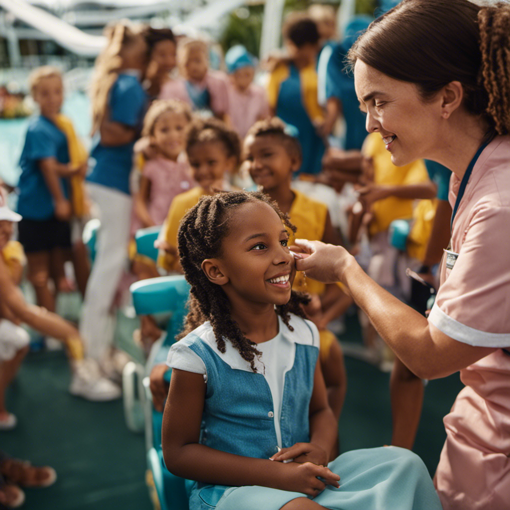 An image showcasing a vibrant Carnival cruise ship, with a diverse group of joyful children engaging in activities at Camp Ocean, while a nurse administers vaccines to ensure their safety and well-being